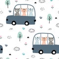 Cars background with driving cartoon cat seamless pattern