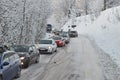 Road car congestion after snowfall in the Alps