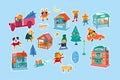 Cars, buildings, animals stickers in winter. Village set. Objects for educational games, puzzles, wallpapers, postcards Royalty Free Stock Photo