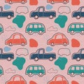 Cars and buses seamless pattern, hand drawn urban wallpaper, colorful background