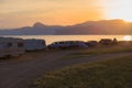 Cars and camping trailers at Camping by the sea Royalty Free Stock Photo