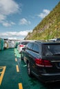 Cars on the car deck of road ferry Aukra between Eidsdal and Linge on Storfjorden, Norway Royalty Free Stock Photo