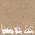 Cars with Christmas trees. Vector illustration on kraft paperon a kraft paper with place for text. Can be greeting card, invitati