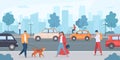 Cars on city road. People walking with dog and riding bike on street. Urban infrastructure and transport traffic. Flat vector Royalty Free Stock Photo