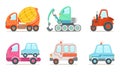 Cars and Construction Machinery Set, Tractor, Crawler, Cement Truck, Ambulance, Police Car Vector Illustration