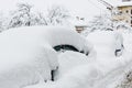 Cars covered with a thick snow layer