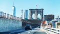 Cars crossing Brookly Bridge in New York. View from car interior Royalty Free Stock Photo