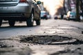 Cars drives on very poor quality street with potholes. Old damaged asphalt pavement road with potholes in city Royalty Free Stock Photo