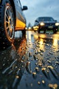 Cars driving down a rain soaked road. Close up tires and asphalt. Low point of view