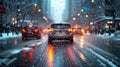 Cars driving down a street with snow, inclement weather, light silver and dark blue, water droplets, snow and city lights, blurred Royalty Free Stock Photo