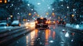 Cars driving down a street with snow, inclement weather, light silver and dark blue, water droplets, snow and city lights, blurred Royalty Free Stock Photo