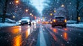 Cars driving down a street with snow, inclement weather, light silver and dark blue, water droplets, snow and city lights, blurred Royalty Free Stock Photo