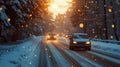 Cars driving down a street with snow, inclement weather, light silver and dark blue, water droplets, snow and lights, blurred Royalty Free Stock Photo