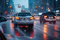 Cars driving down a street with snow, inclement weather, light silver and dark blue, water droplets, snow and city lights, blurred Royalty Free Stock Photo