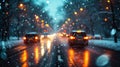 Cars driving down a street with snow, inclement weather, light silver and dark blue, water droplets, snow and city lights, blurred Royalty Free Stock Photo