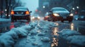 Cars driving down a street with snow, inclement weather, light silver and dark blue, water droplets, snow and city lights, blurred Royalty Free Stock Photo