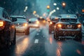 Cars driving down a street with snow, inclement weather, light silver and dark blue, water droplets, snow and city lights, blurred Royalty Free Stock Photo