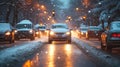 Cars driving down a street with snow, inclement weather, light silver and dark blue, water droplets, snow and city lights, blurred Royalty Free Stock Photo