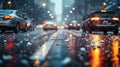 Cars driving down a street with snow, inclement weather, light silver and dark blue, water droplets, snow and city lights, blurred Royalty Free Stock Photo