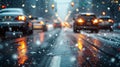 Cars driving down a street with snow, inclement weather, light silver and dark blue, water droplets, snow and city lights, blurred Royalty Free Stock Photo