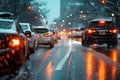 Cars driving down a street with snow, inclement weather, light silver and dark blue, water droplets, snow and city lights, blurred Royalty Free Stock Photo