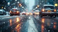 Cars driving down a street with snow, inclement weather, light silver and dark blue, water droplets, snow and city lights, blurred Royalty Free Stock Photo