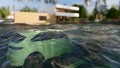 Cars driving on a flooded road during a flood caused by heavy rain 3d rendering Royalty Free Stock Photo