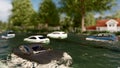 Cars driving on a flooded road during a flood caused by heavy rain 3d rendering Royalty Free Stock Photo