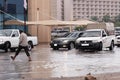 Cars driving through the flooded streets in Ras al Khaimah United Arab Emirates