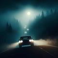 cars driving foggy forest night Royalty Free Stock Photo