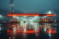 Cars are driving through gas station at night in the rain Royalty Free Stock Photo