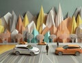 cars driving in mountain landscape, Origami style, ai generated