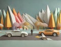 cars driving in mountain landscape, Origami style, ai generated