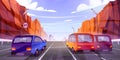 Cars driving road with cartoon rocky mountains Royalty Free Stock Photo