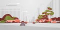 Cars driving road modern city panorama with street lamps skyscrapers urban cityscape background flat horizontal banner Royalty Free Stock Photo