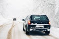 Cars driving in snow blizzard Royalty Free Stock Photo