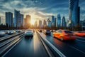 Cars on the evening highway. Abstract urban view with long exposure and blurred background. Royalty Free Stock Photo