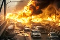 Cars on freeway burn intensely after terrorist attack creating hazard