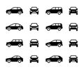 Cars front and side view signs. Vehicle black silhouette vector icons isolated on white background Royalty Free Stock Photo