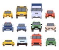 Cars front view. Flat urban vehicles taxi, police, delivery service, school bus, van, truck and sport vehicle. Cartoon