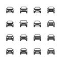 Cars front view signs. Vehicle black silhouette vector icons isolated on white background