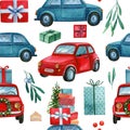 Cars, gifts and mistletoe, winter holidays seamless pattern, Christmas background, digital paper.