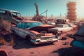 Cars graveyard, Pile of crushed and deformed cars waiting to be recycled in an old cars graveyard. Neural network AI Royalty Free Stock Photo