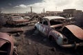 Cars graveyard, Pile of crushed and deformed cars waiting to be recycled in an old cars graveyard. Neural network AI Royalty Free Stock Photo