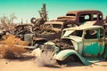 Cars graveyard, Pile of crushed and deformed cars waiting to be recycled in an old cars graveyard. Neural network AI Royalty Free Stock Photo