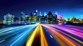 Cars headlamp trails with motion blur effect at night city street, Urban night scene in motion. Ai Generated