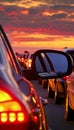 Cars with headlights in evening traffic jam queue, reflected in the rearview mirror