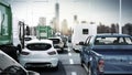 Cars on highway in traffic jam 3d render sity landscape Royalty Free Stock Photo