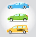 Cars icon series. Flat colors style. Sedan or supercar, hatchback or family car and yellow taxi. Vector illustration.