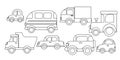 Cars. A large set of different cars in red and blue. Vector drawing machines isolated on white background. Cute cars, truck, Royalty Free Stock Photo